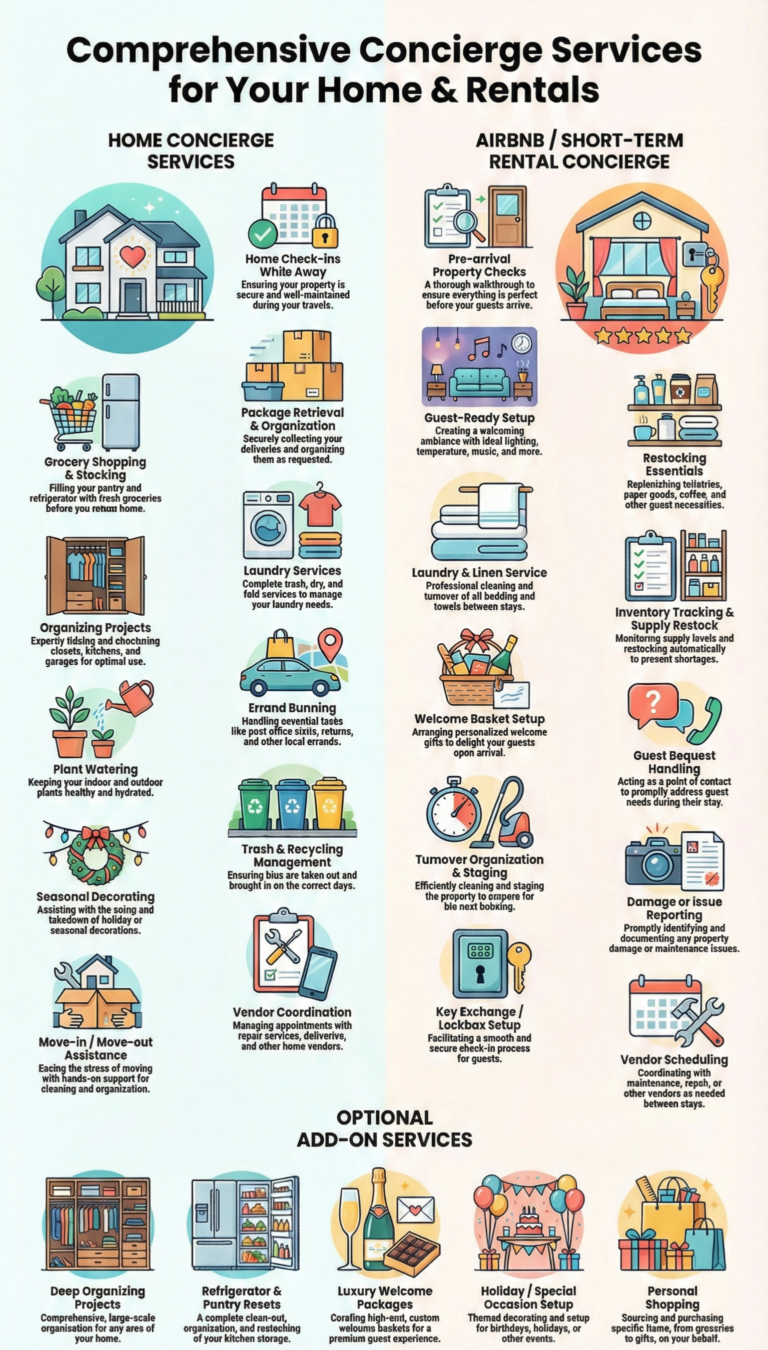Infographic detailing the full menu of luxury concierge services by Bella's Mountain Vacation Cleaning in Lafayette, CO. The graphic lists Residential services (grocery shopping, laundry, home organization) alongside Airbnb management tasks (guest staging, restocking, vendor coordination) available to homeowners in Boulder County.