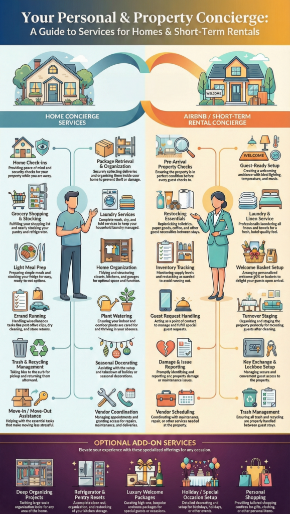 Infographic detailing the full menu of luxury concierge services by Bella's Mountain Vacation Cleaning in Lafayette, CO. The graphic lists Residential services (grocery shopping, laundry, home organization) alongside Airbnb management tasks (guest staging, restocking, vendor coordination) available to homeowners in Boulder County.