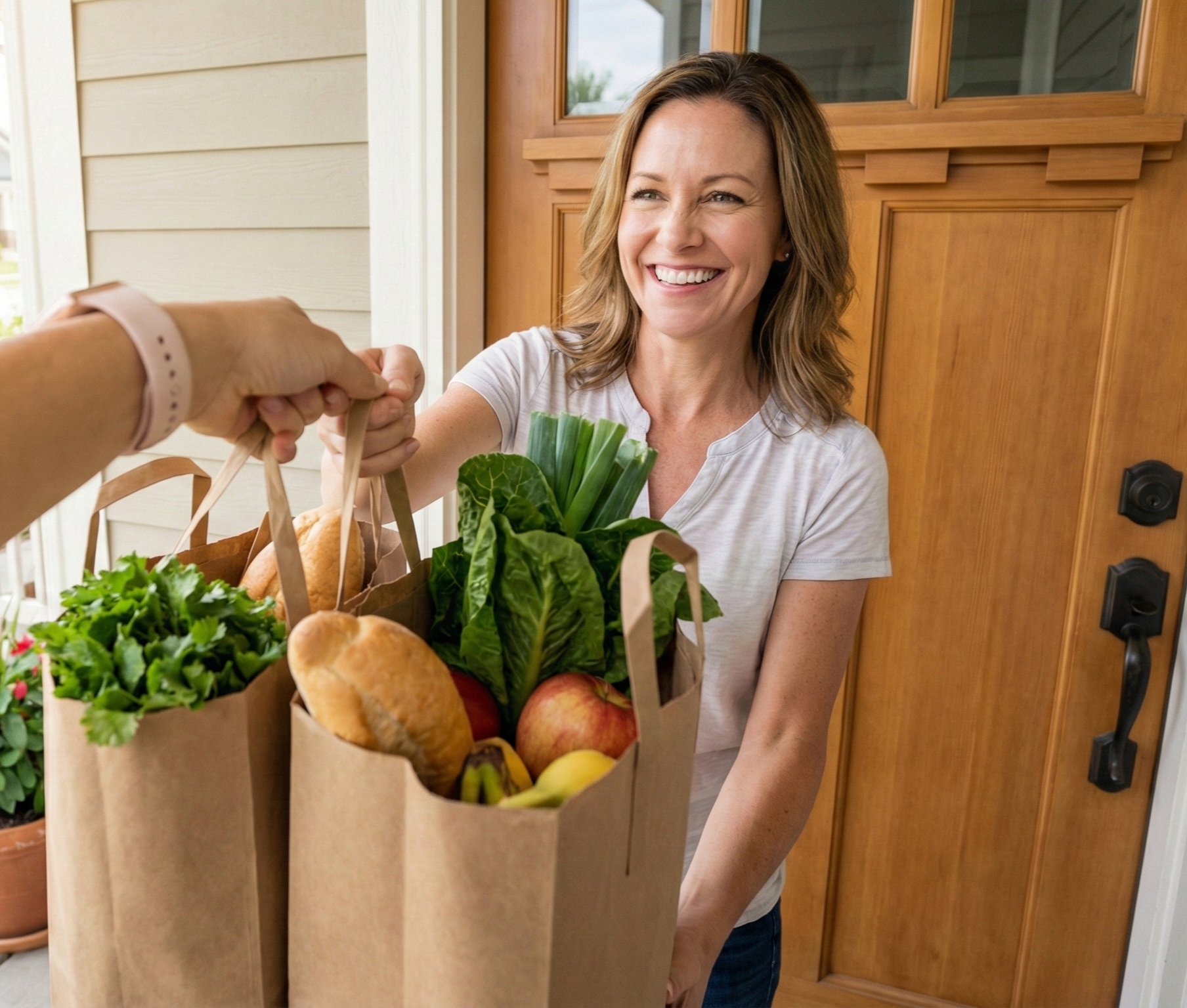 Point of view shot of a concierge team member delivering fresh organic groceries to a smiling homeowner in Lafayette, Colorado.