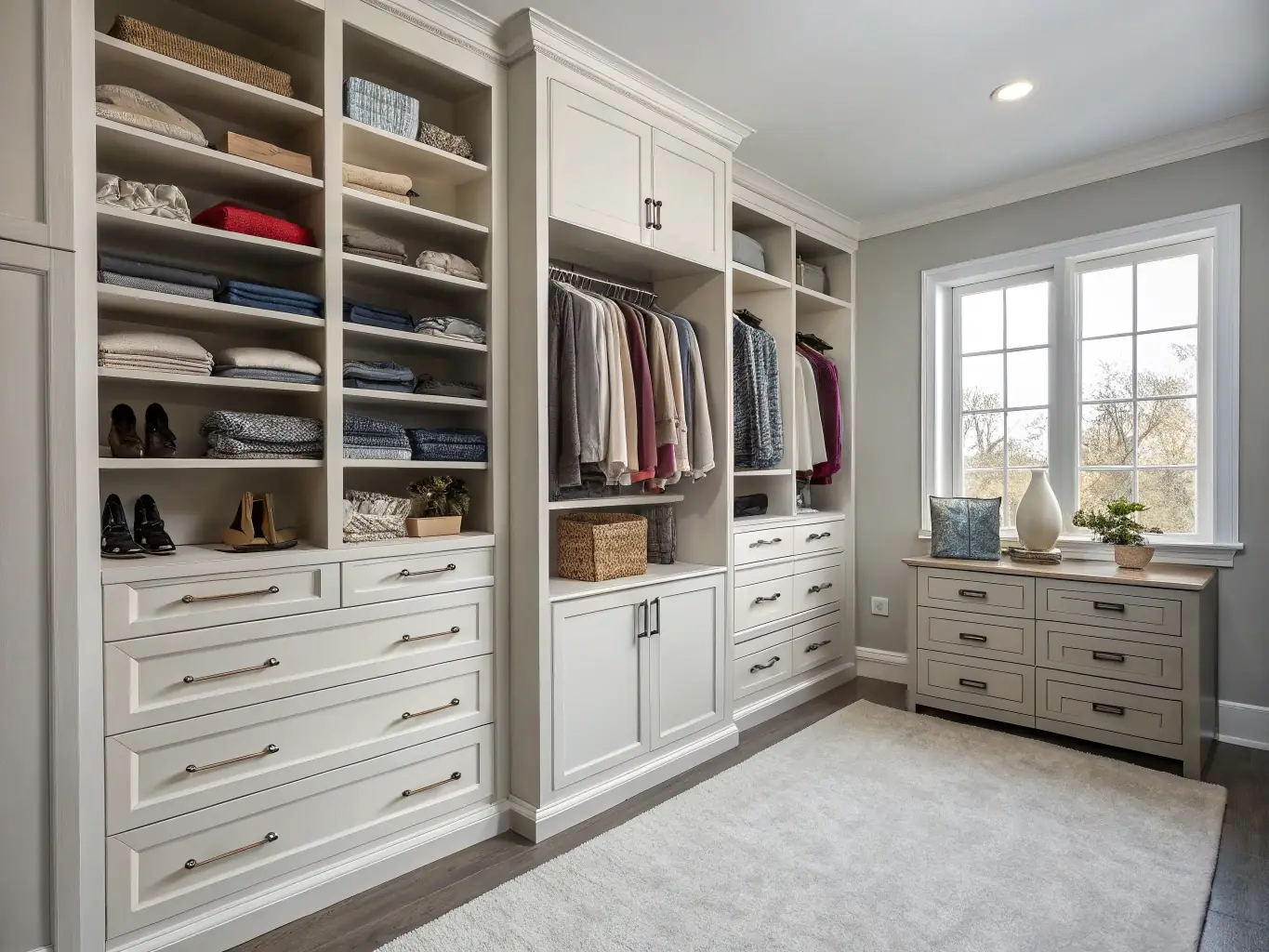 An image of a perfectly organized closet, showcasing the organizational services offered by Bellas Mountain Vacation Cleaning's concierge team.