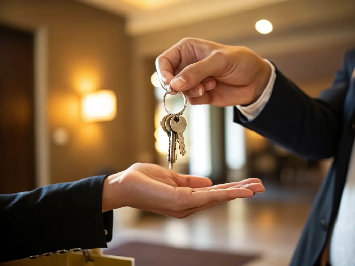 A person handing over keys to another person, symbolizing the seamless vacation rental turnover services provided by Bellas Mountain Vacation Cleaning.