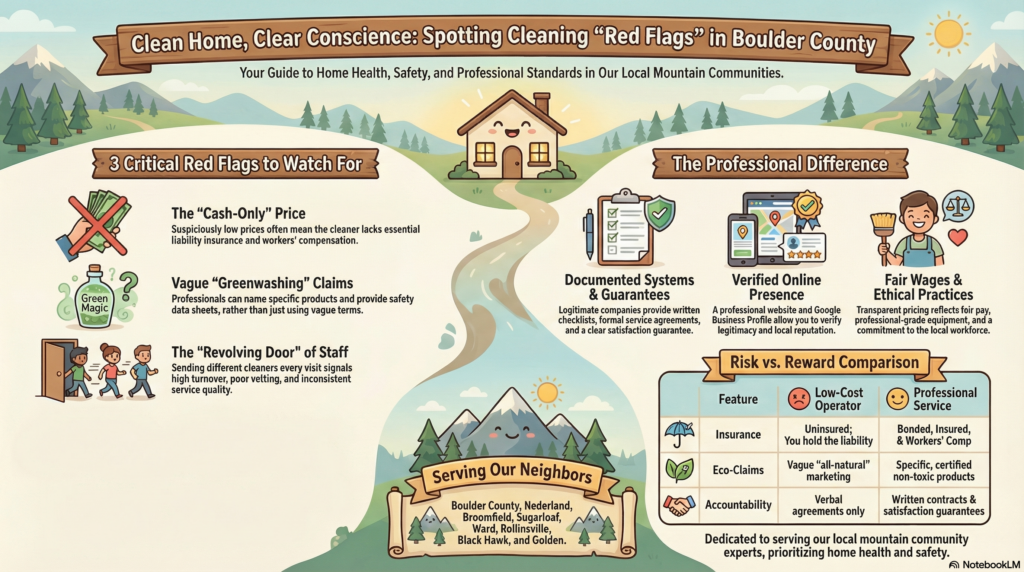 5 critical red flags to spot before hiring a Boulder cleaner 1 Infographic titled "Clean Home, Clear Conscience" comparing cleaning service red flags like cash-only pricing to professional standards in Boulder County.