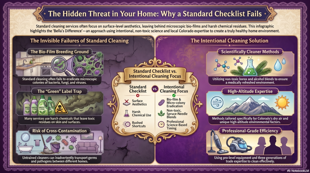 An infographic comparing standard cleaning services to Bella’s Mountain Vacation Cleaning’s intentional approach. It outlines common failures like bio-film buildup and harsh chemical residue, while highlighting the Bella’s Difference: non-toxic, science-backed cleaning methods, high-altitude expertise for Boulder homes, and professional-grade, three-generation trade experience.