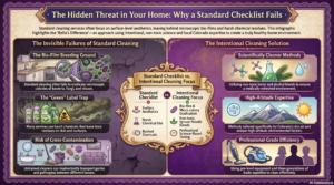 An infographic comparing standard cleaning services to Bella’s Mountain Vacation Cleaning’s intentional approach. It outlines common failures like bio-film buildup and harsh chemical residue, while highlighting the Bella’s Difference: non-toxic, science-backed cleaning methods, high-altitude expertise for Boulder homes, and professional-grade, three-generation trade experience.