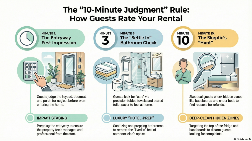 Professional vacation rental cleaning infographic showing the 10-Minute Judgment Rule for Airbnb and VRBO properties in Nederland and Boulder County.