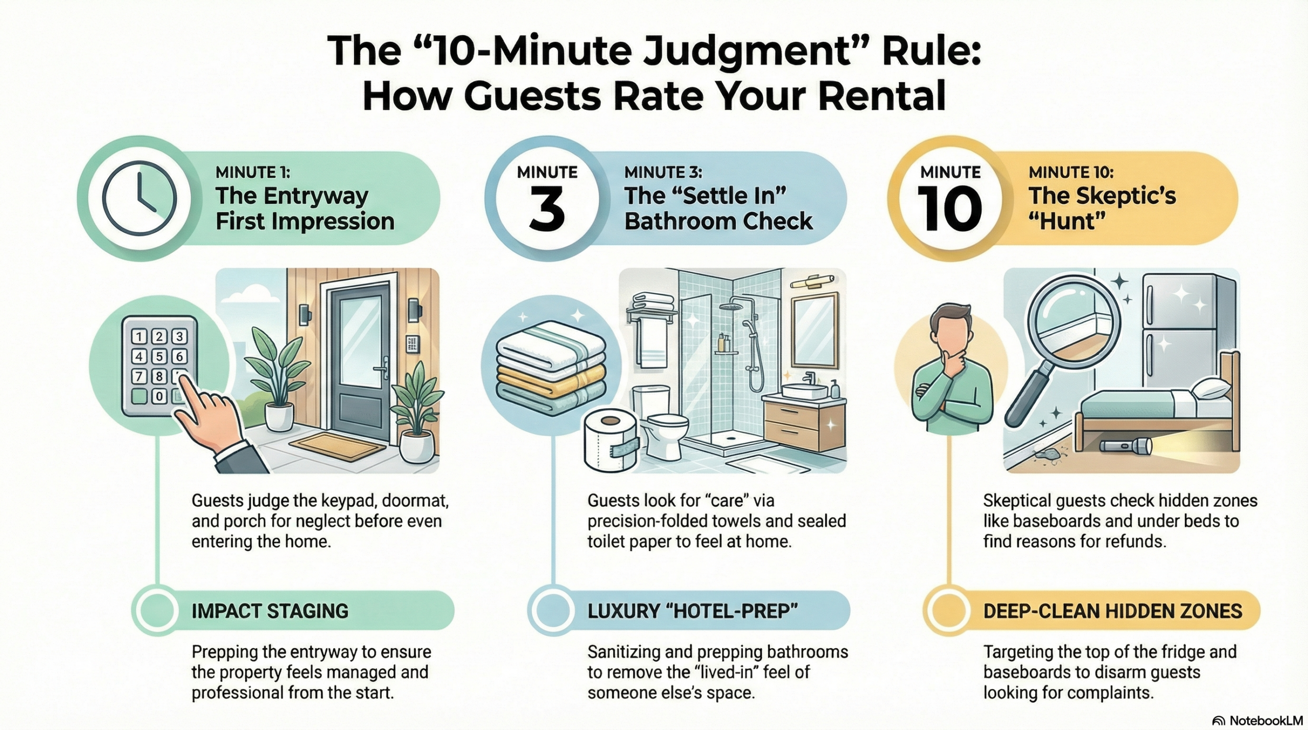 Professional vacation rental cleaning infographic showing the 10-Minute Judgment Rule for Airbnb and VRBO properties in Nederland and Boulder County.