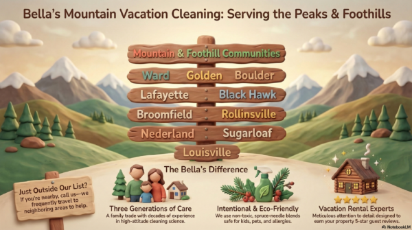 An illustrated advertisement for "Bella's Mountain Vacation Cleaning," set in a claymation-style mountain valley with a central wooden signpost listing specific Colorado towns and three detailed icons highlighting the service's unique benefits.