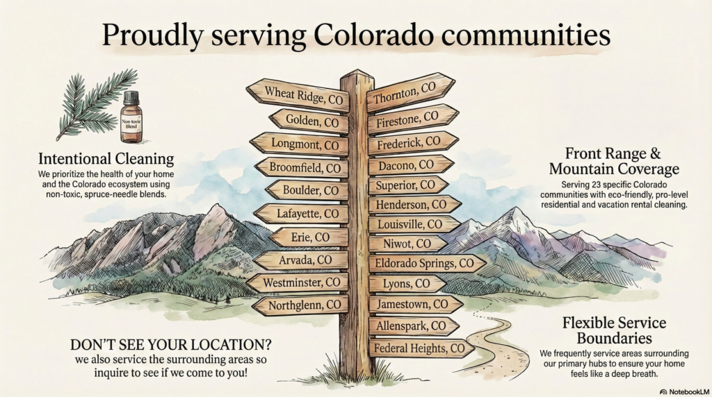 Wooden signpost showing Bella's Mountain Vacation Cleaning service areas across Colorado including Wheat Ridge, Thornton, Golden, Firestone, Longmont, Frederick, Broomfield, Dacono, Boulder, Superior, Lafayette, Henderson, Erie, Louisville, Niwot, Arvada, Eldorado Springs, Westminster, Lyons, Northglenn, Jamestown, Allenspark, and Federal Heights with mountain landscape background