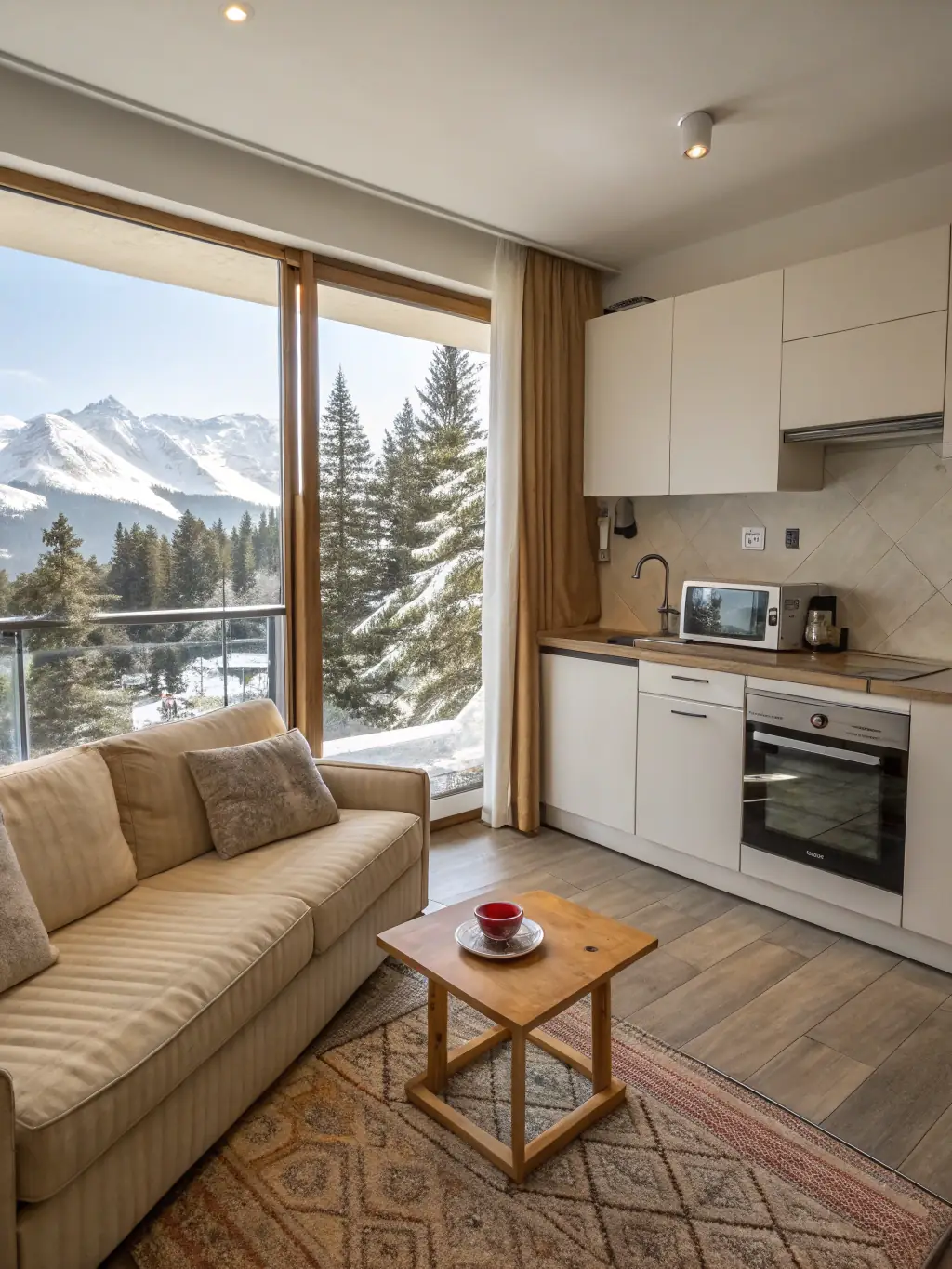 A bright, airy living room in a Sugarloaf rental property, meticulously cleaned with sparkling windows showcasing a stunning mountain view. The scene conveys a sense of freshness and relaxation.