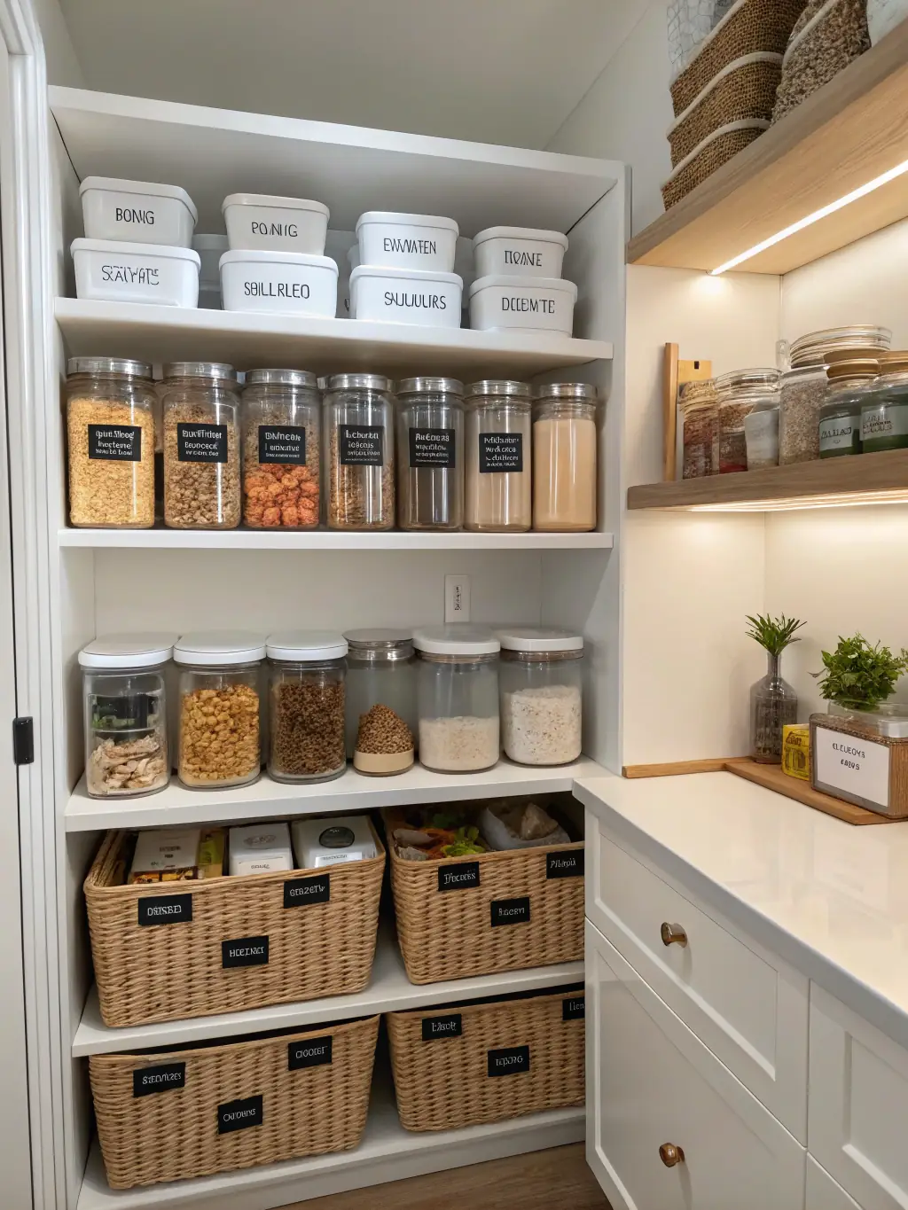 A detailed close-up shot of perfectly organized and labeled pantry shelves in a vacation home, showcasing the organization service.