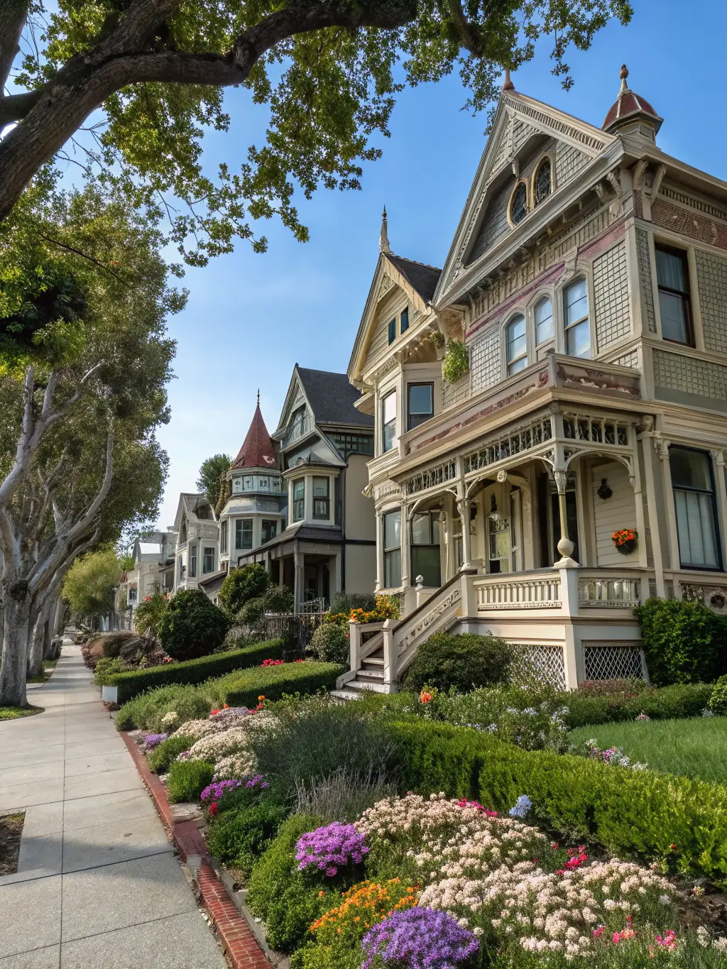 A beautifully restored Victorian house in downtown Golden, Colorado, with a freshly cleaned porch and manicured garden, bathed in the warm afternoon light.