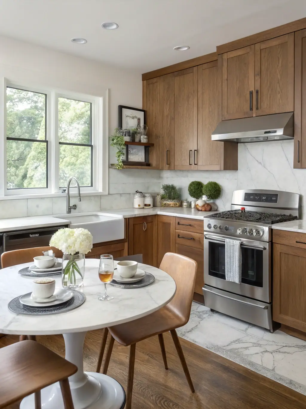 A high-quality photo showcasing a sparkling clean kitchen in a vacation rental property, emphasizing spotless countertops and appliances, taken in natural light.