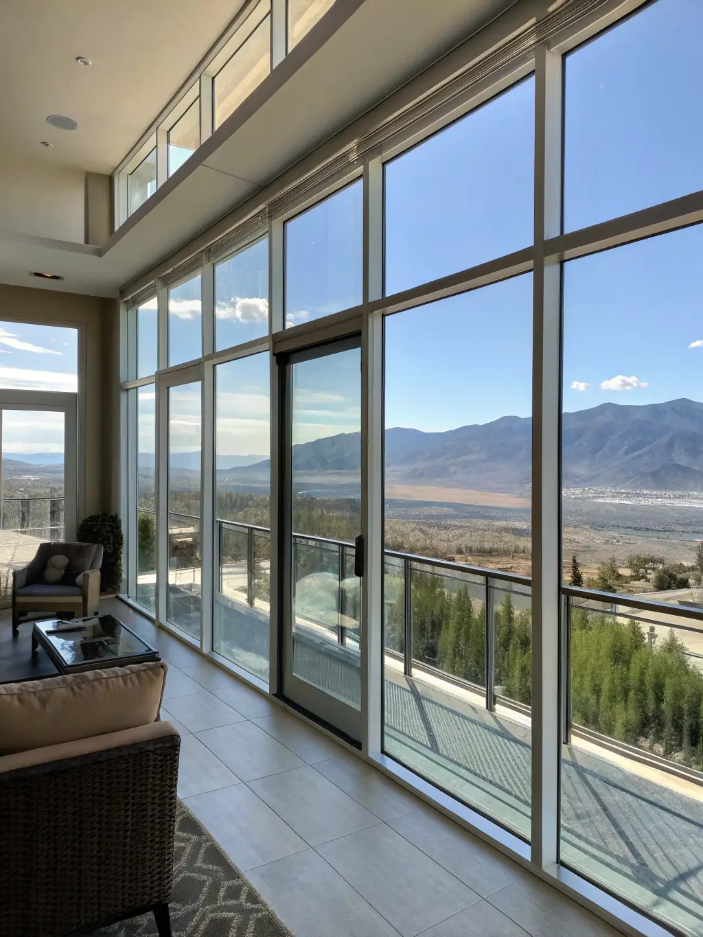 A modern condo overlooking Clear Creek in Golden, featuring floor-to-ceiling windows and a minimalist interior design, sparkling clean and ready for new guests.