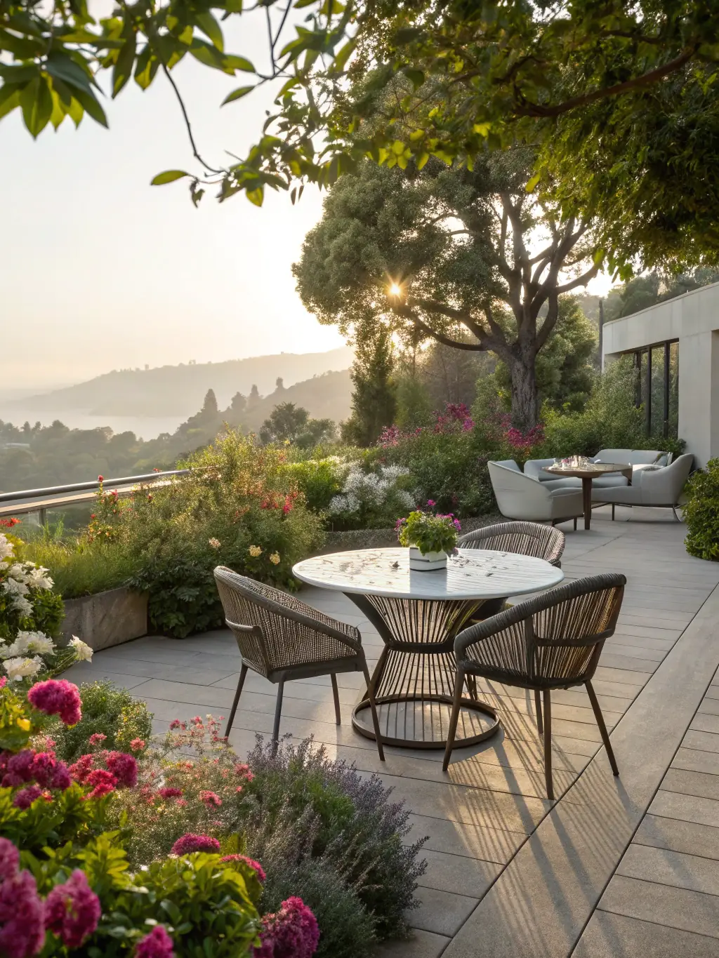 A cozy outdoor patio area of a Sugarloaf rental, with clean furniture and a sweeping view of the surrounding landscape. The image emphasizes the importance of outdoor spaces.