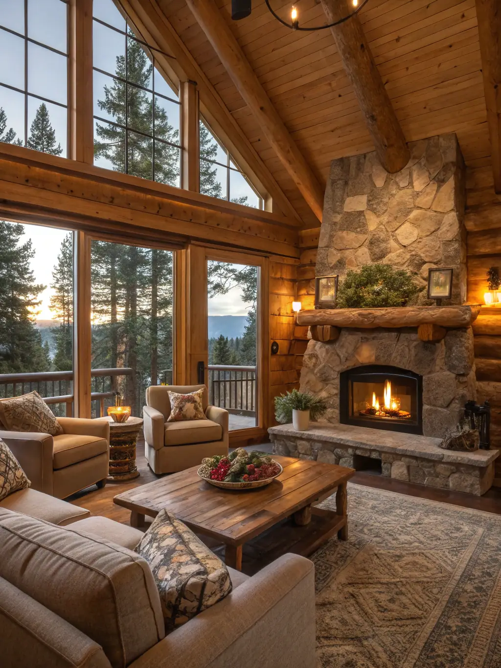 A high-quality photo showcasing a freshly cleaned and staged living room in a Rollinsville cabin, ready for new guests. The image should emphasize cleanliness and comfort.