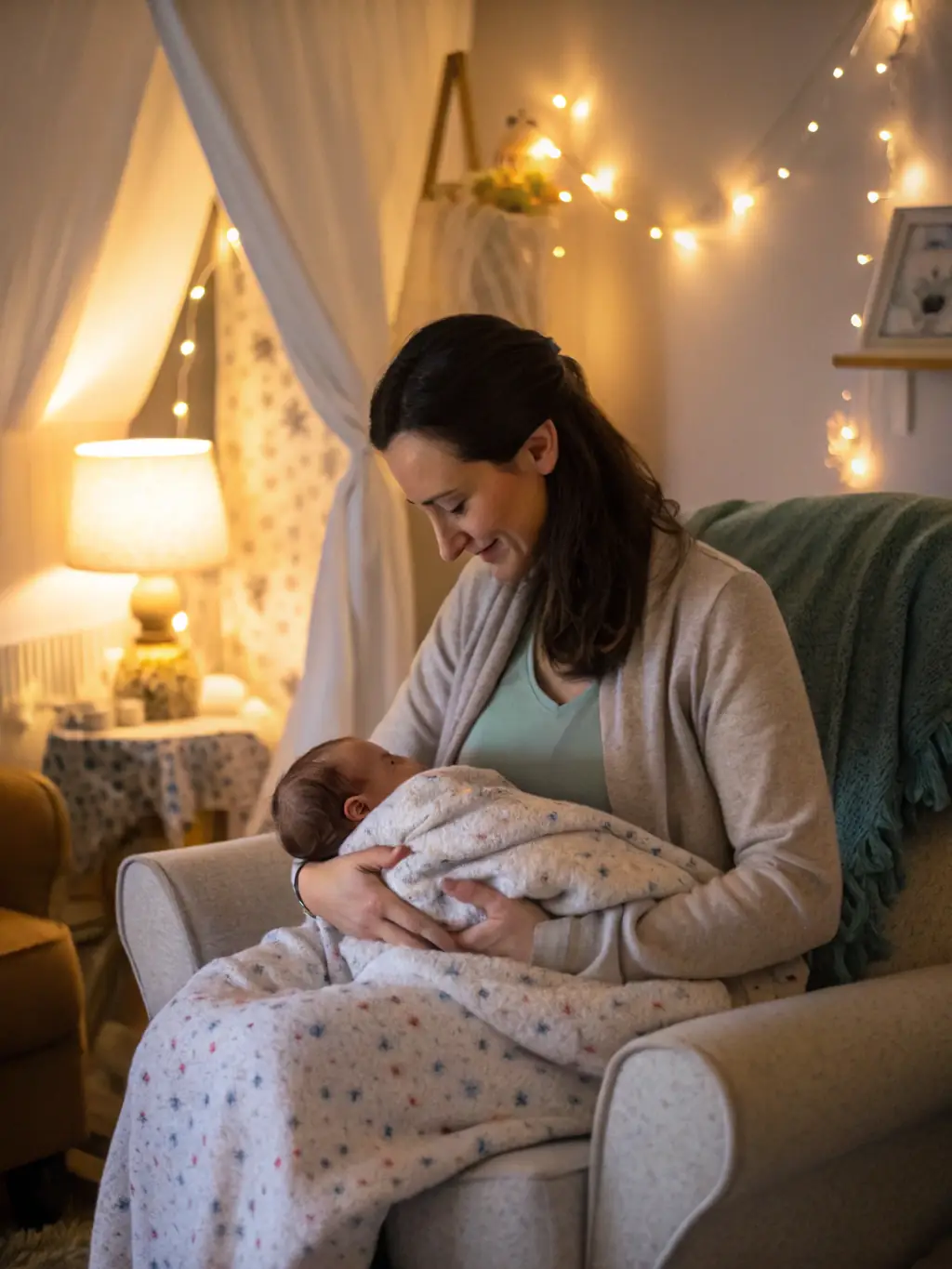 A heartwarming image of a mother bonding with her newborn in a spotless living room, emphasizing the joy of motherhood.