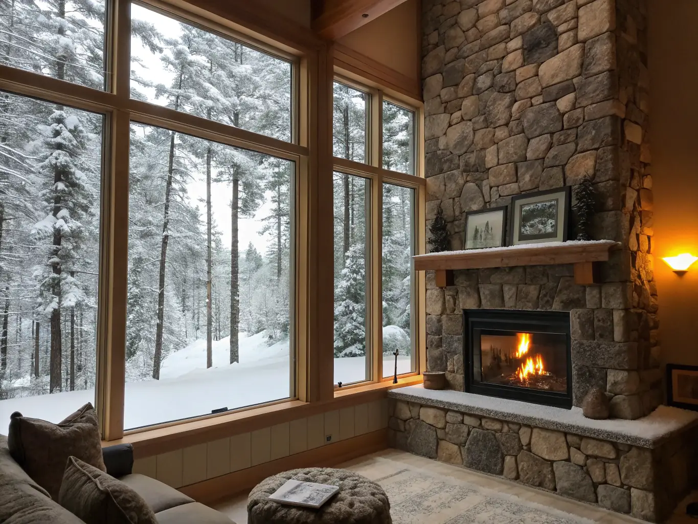 A beautifully staged living room in a Black Hawk vacation rental, showcasing modern furniture, a cozy fireplace, and large windows with mountain views, emphasizing the property's appeal to potential renters.