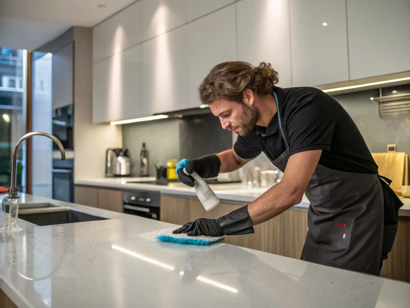 A team of professional cleaners meticulously cleaning a kitchen in a Black Hawk home, with a focus on sparkling countertops, spotless appliances, and organized cabinets, highlighting the thoroughness of the deep cleaning service.