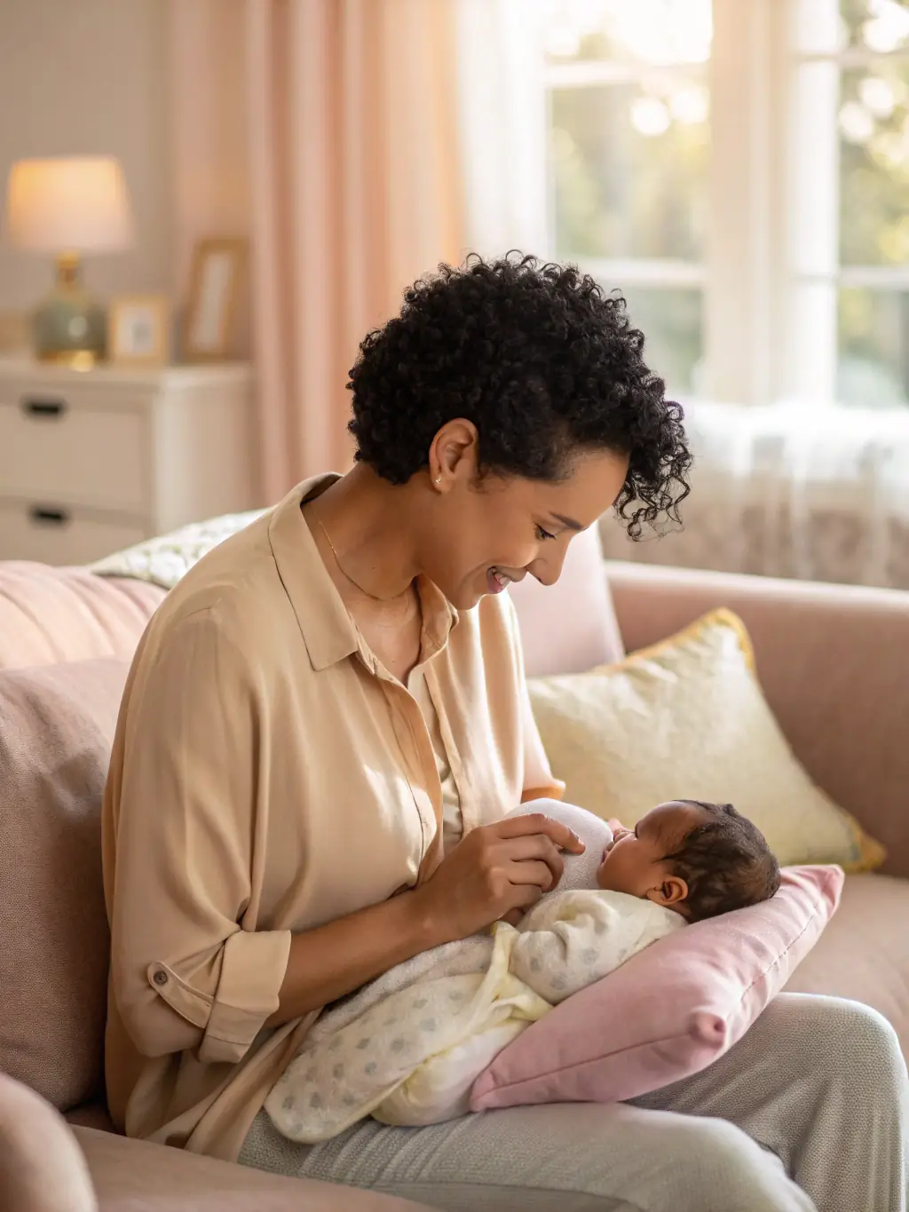 A gentle image of a caregiver handing a new mother a glass of water with sliced fruit, emphasizing hydration and care.