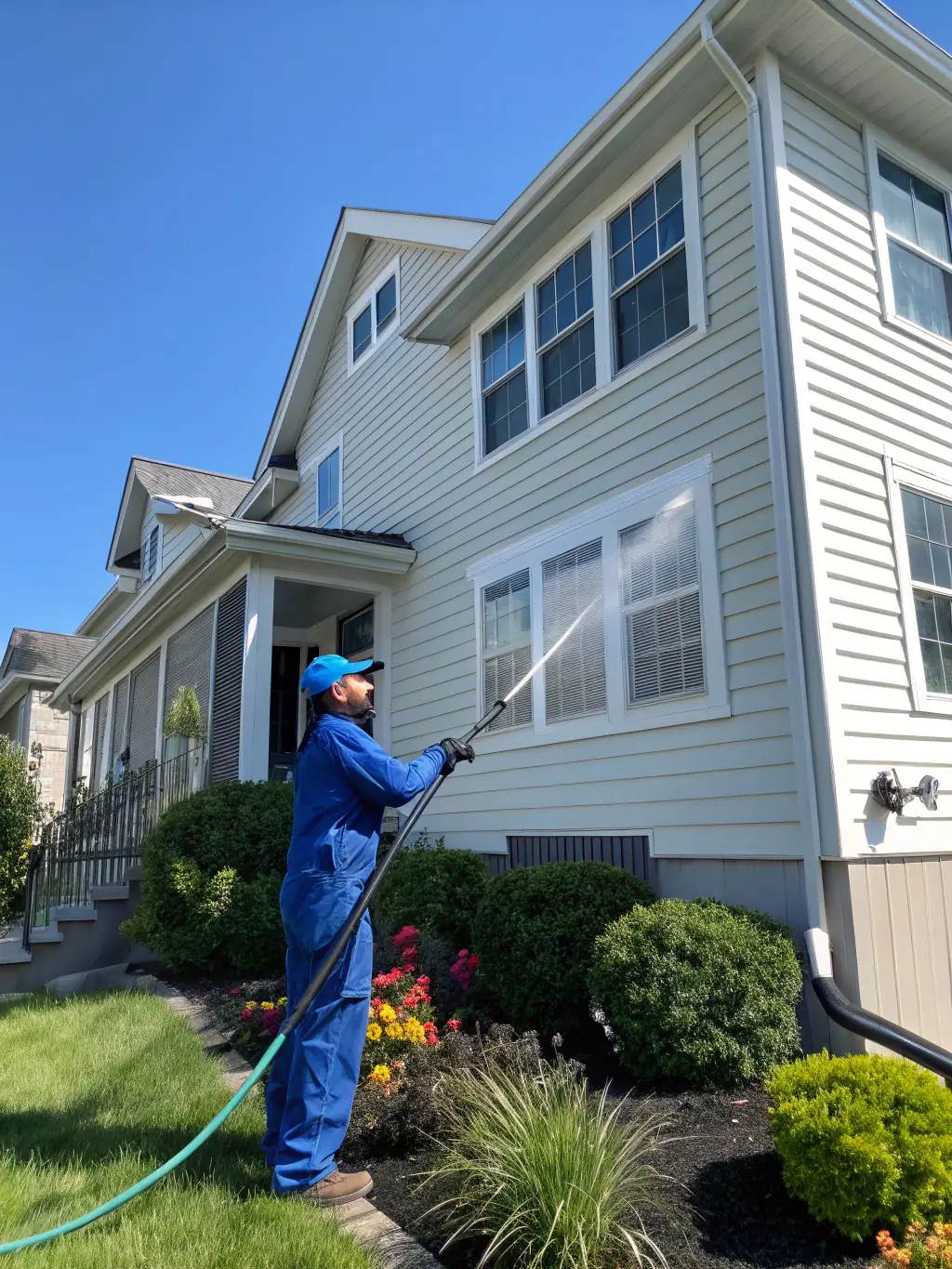 An image of a Rollinsville property undergoing a thorough deep clean, with a focus on windows and exterior maintenance.