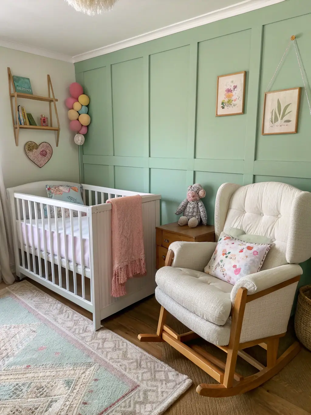 A serene image of a freshly cleaned and organized nursery, sunlight streaming through the window, showcasing a calm and peaceful environment.