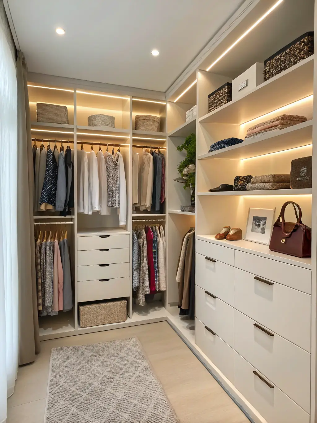 A neatly organized walk-in closet with labeled bins, color-coordinated clothes, and tidy shelves, showing off a newly organized space in an Erie home.