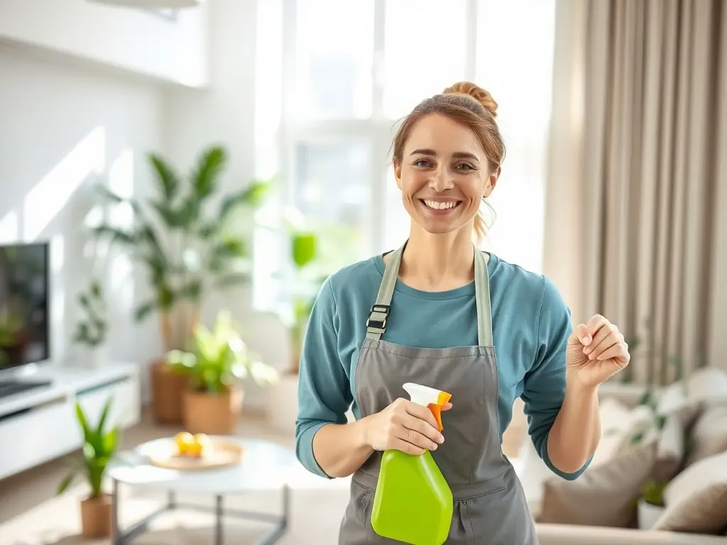 A cheerful cleaning professional in uniform using eco-friendly supplies in a cozy Longmont living room, with visible green cleaning products and a tidy, inviting atmosphere, emphasizing environmentally conscious service.