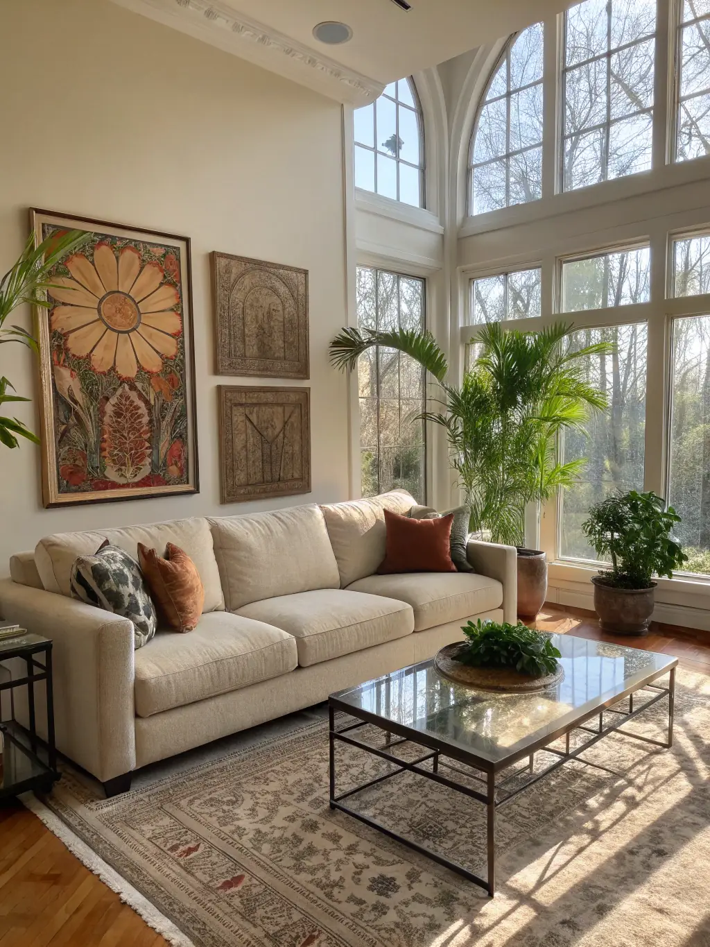 A welcoming living room with neatly arranged furniture, sparkling windows, and a vase of fresh flowers, conveying a sense of warmth and hospitality.