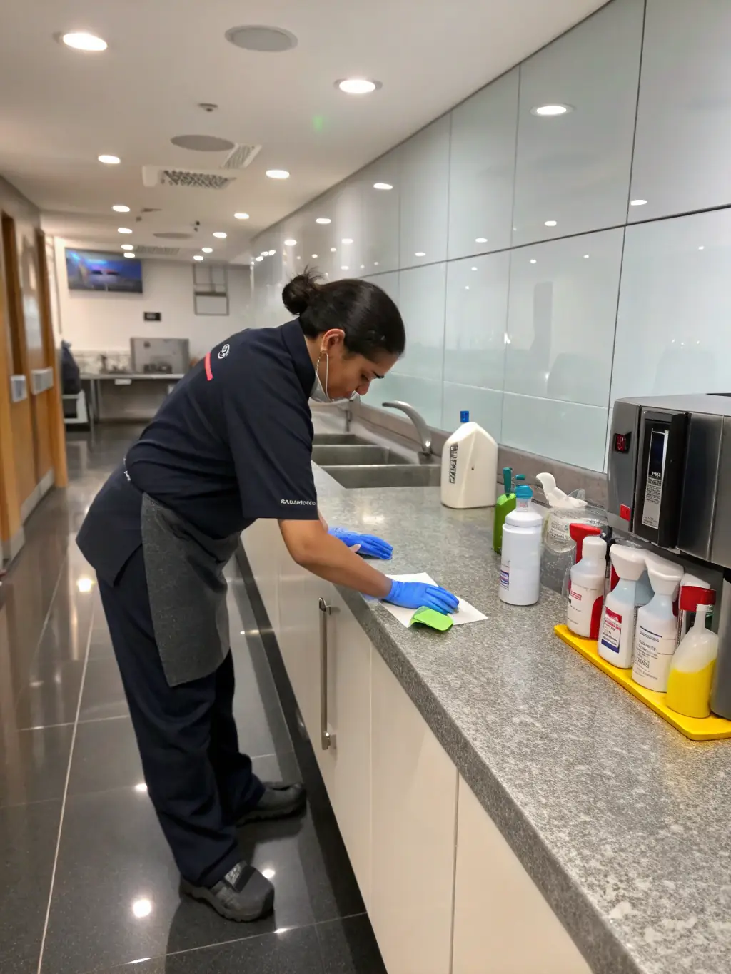 A professional cleaner in uniform carefully wiping down a newly installed kitchen countertop in a bright, modern home, emphasizing cleanliness and attention to detail for new homeowners.
