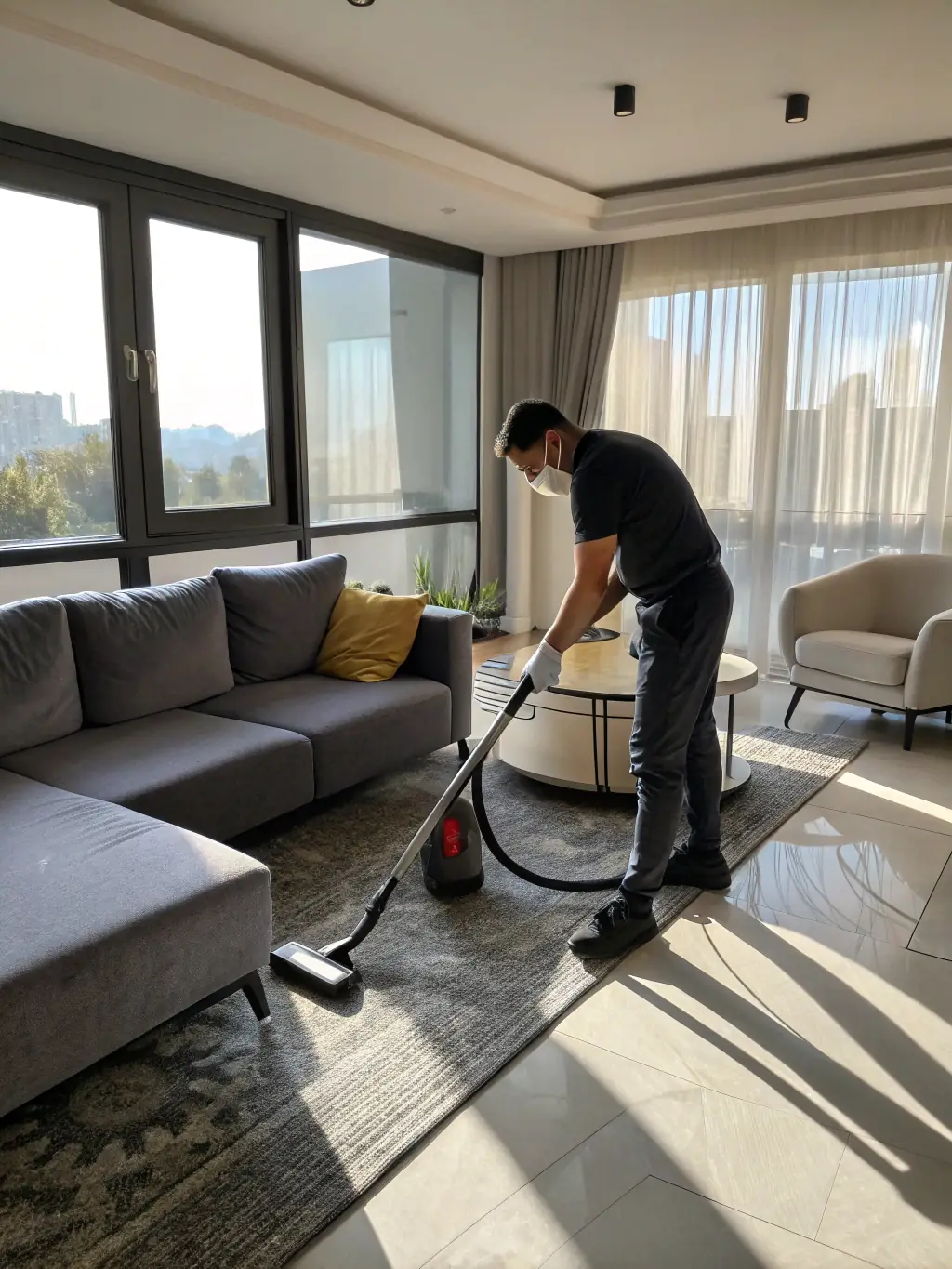 A smiling worker vacuuming a carpeted staircase in a sunlit entryway, with visible dust being removed, representing thorough cleaning after construction or move-outs.