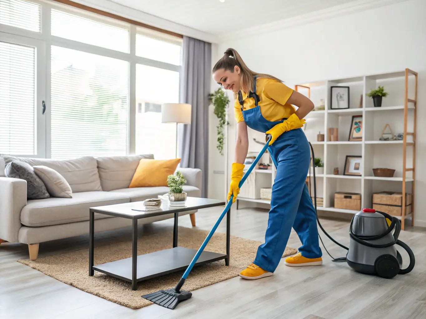 A cheerful team member vacuuming a hallway in an empty Central City apartment, with moving boxes stacked nearby and sunlight highlighting freshly cleaned floors.