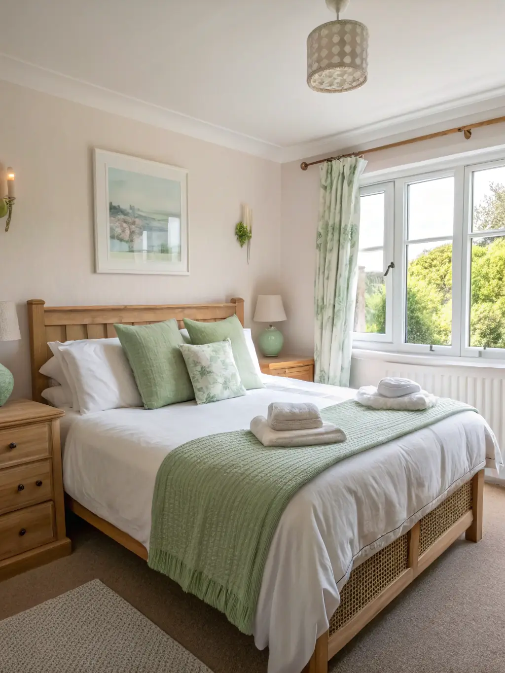 A cozy, inviting vacation rental bedroom with crisp linens, fluffed pillows, and a welcome basket on the bed, all set for arriving guests in Erie.