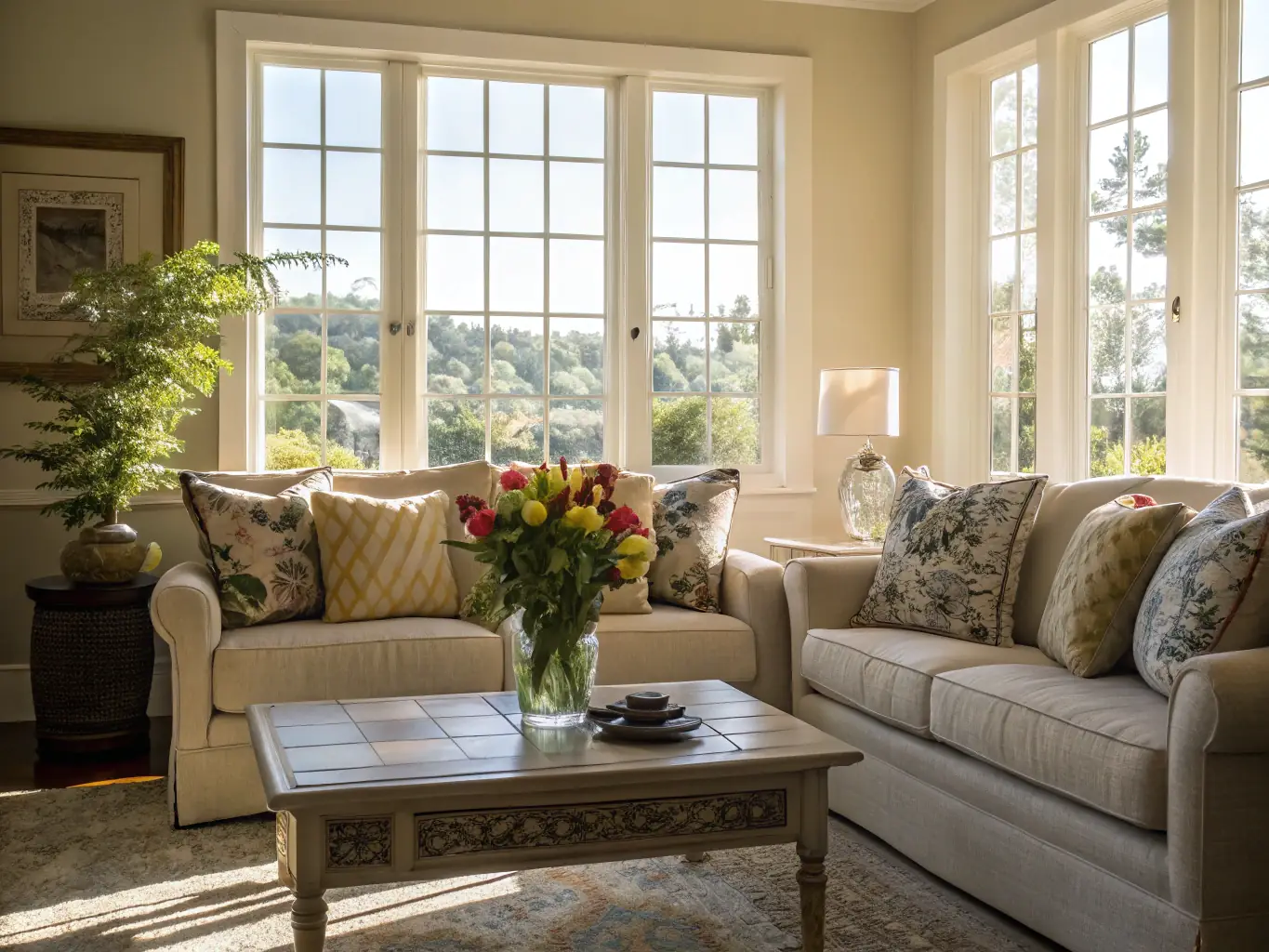 A bright, tidy living room in a Central City Victorian-style home, with sunlight streaming through large windows, fresh flowers on a polished table, and cleaning supplies neatly arranged on a sideboard.