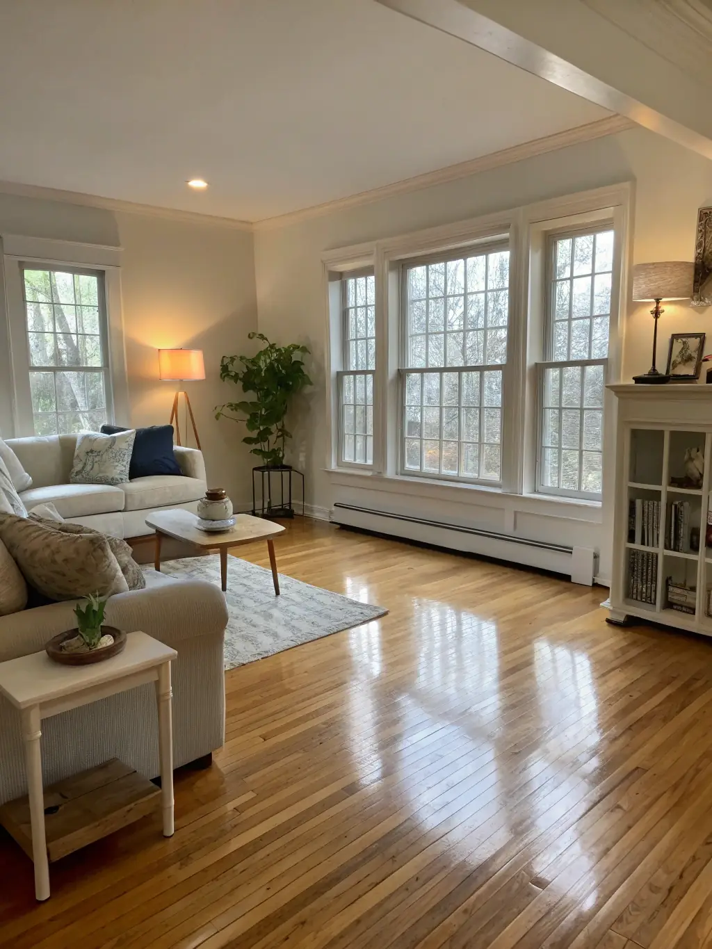 A bright, newly built living room with sunlight streaming through spotless windows, dust-free hardwood floors, and gleaming surfaces, representing a post-construction cleaning reset for a modern Erie home.