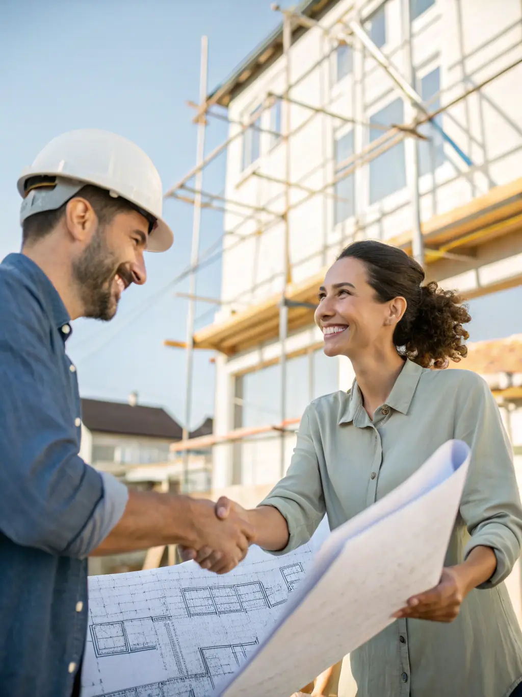 A builder and homeowner shaking hands in front of a newly finished house, both smiling, with the home’s exterior clean and ready for move-in.
