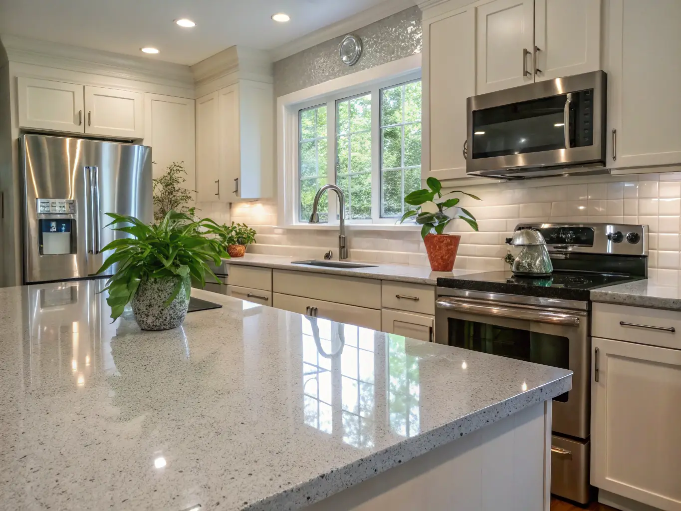 A sparkling kitchen with stainless steel appliances and granite countertops, a mop and eco-friendly cleaning products visible, set in a Central City mountain-view home.