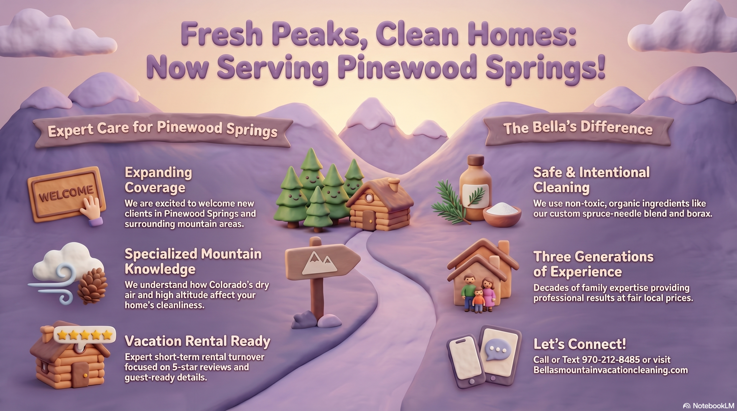 3D clay-style illustration of a mountain landscape advertising Bella's Mountain Vacation Cleaning in Pinewood Springs. The graphic highlights expert care for mountain homes, non-toxic ingredients, and specialized vacation rental turnover services.