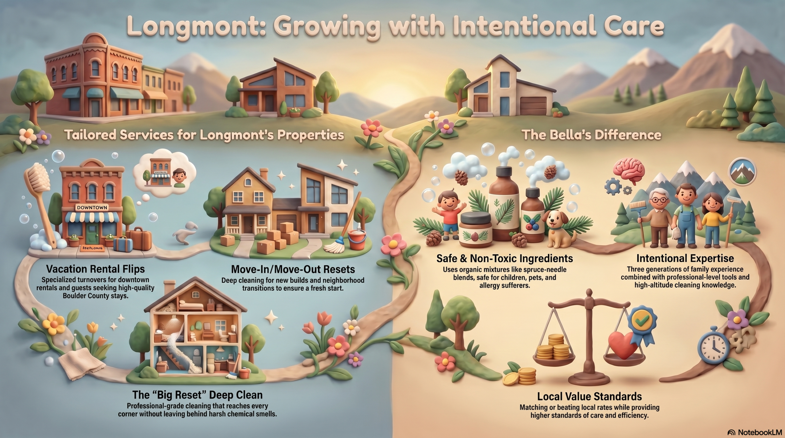 Infographic illustrating Bella's Mountain Vacation Cleaning services in Longmont, Colorado, featuring vacation rental flips, move-in and move-out resets, and deep cleans, alongside core values of non-toxic ingredients, multi-generational expertise, and local value.