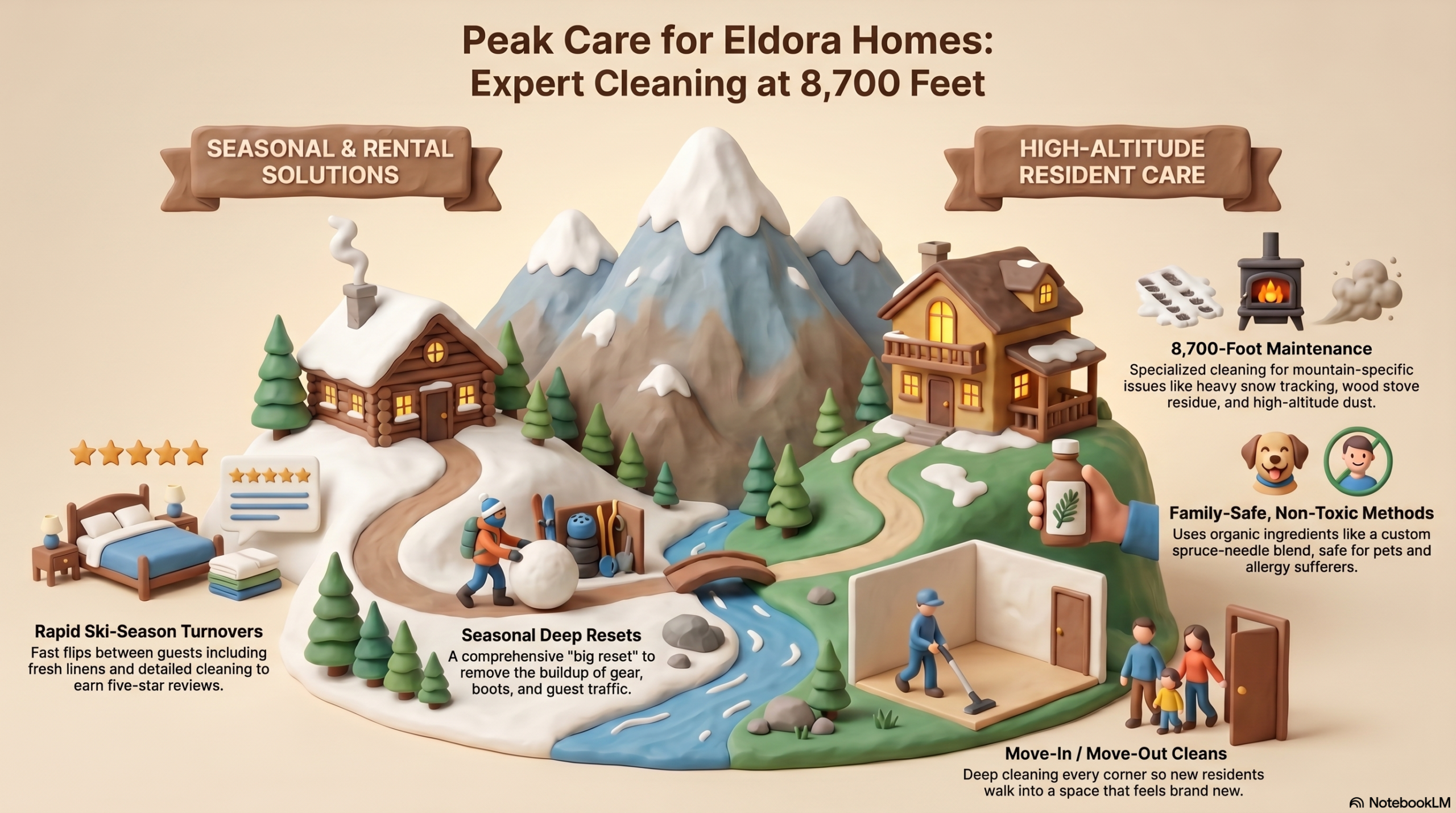 Infographic titled 'Peak Care for Eldora Homes' showing Bella's Mountain Vacation Cleaning services at 8,700 feet, featuring rapid ski-season rental turnovers, seasonal deep resets, move-in/move-out cleans, and specialized high-altitude maintenance using safe, non-toxic methods.