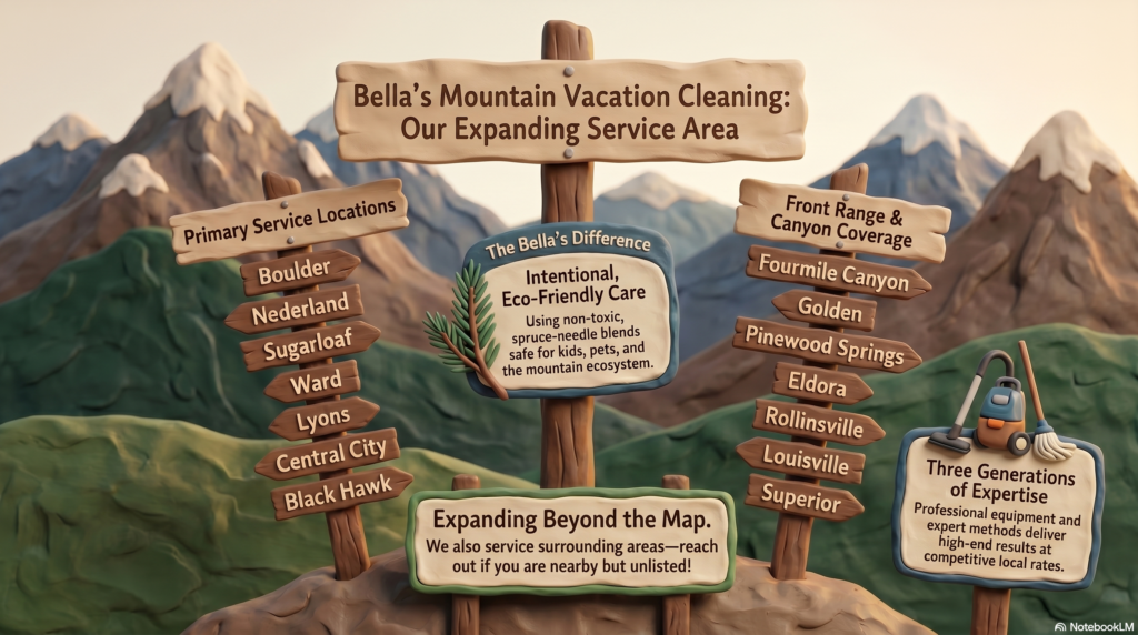 3D wooden signpost illustration detailing Bella's Mountain Vacation Cleaning service areas across the Front Range, listing locations like Boulder, Nederland, Fourmile Canyon, and Pinewood Springs, along with eco-friendly cleaning values.