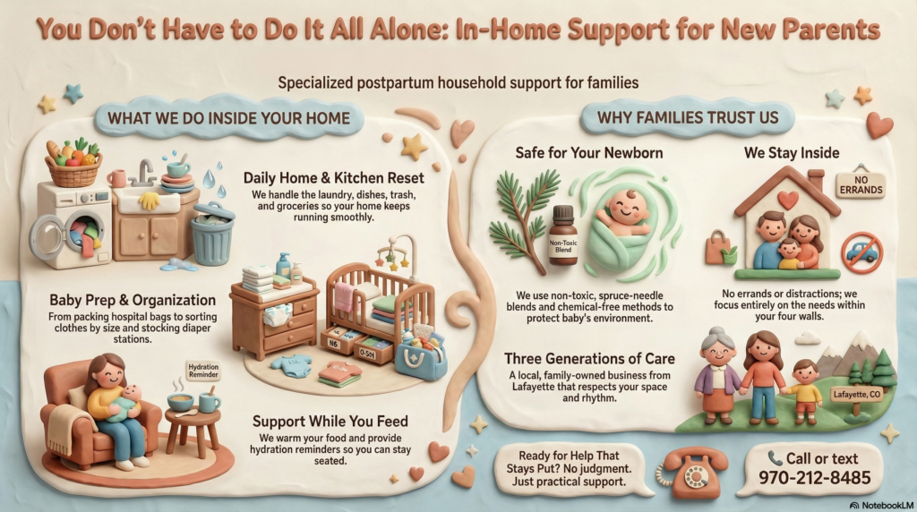Illustrated infographic for Bella's Mountain Vacation Cleaning showing postpartum support services including nursery prep, laundry, and feeding support in Boulder County.