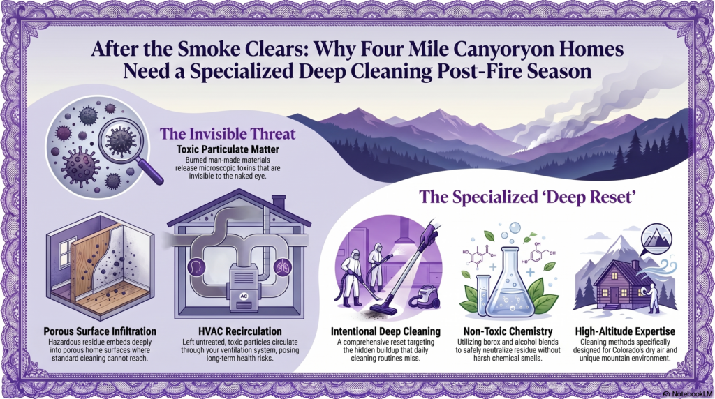 After the Smoke Clears: Why Four Mile Canyon Homes Need a Specialized Deep Cleaning Post-Fire Season 1 Infographic titled "After the Smoke Clears: Why Four Mile Canyon Homes Need a Specialized Deep Cleaning Post-Fire Season." It illustrates how toxic wildfire particulate matter infiltrates porous surfaces and HVAC systems in homes, and contrasts this with the "Specialized Deep Reset" service provided by Bella’s Mountain Vacation Cleaning, which uses non-toxic, high-altitude-appropriate cleaning methods