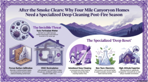Infographic titled "After the Smoke Clears: Why Four Mile Canyon Homes Need a Specialized Deep Cleaning Post-Fire Season." It illustrates how toxic wildfire particulate matter infiltrates porous surfaces and HVAC systems in homes, and contrasts this with the "Specialized Deep Reset" service provided by Bella’s Mountain Vacation Cleaning, which uses non-toxic, high-altitude-appropriate cleaning methods