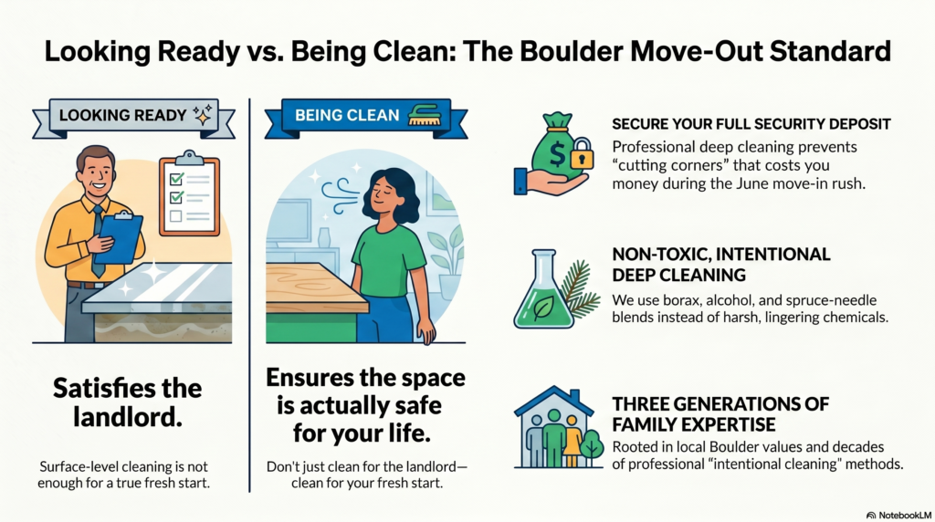 A Boulder Move-In Clean That Keeps Your Security Deposit Safe 2 Infographic comparing superficial vs true deep cleaning for Boulder move-outs by Bella's House Cleaning Services, highlighting non-toxic borax, alcohol, and spruce blends.