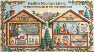 3D clay-style infographic titled "Healthy Mountain Living: The Nederland Guide to Non-Toxic Home Care," comparing the hazards of trapped VOCs from chemical cleaners in mountain homes to safe, intentional non-toxic cleaning solutions.