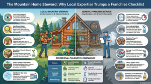 Infographic comparing a local mountain home steward approach versus generic franchise cleaning services for mountain properties.