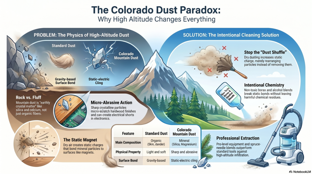 The Colorado Dust Paradox: Why Your Home Is Never Truly Clean at High Altitude 1 Infographic explaining why high-altitude mountain dust in Pinewood Springs requires intentional cleaning rather than standard dry dusting.