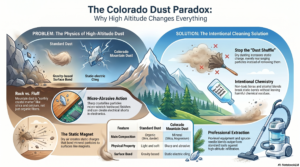 Infographic explaining why high-altitude mountain dust in Pinewood Springs requires intentional cleaning rather than standard dry dusting.
