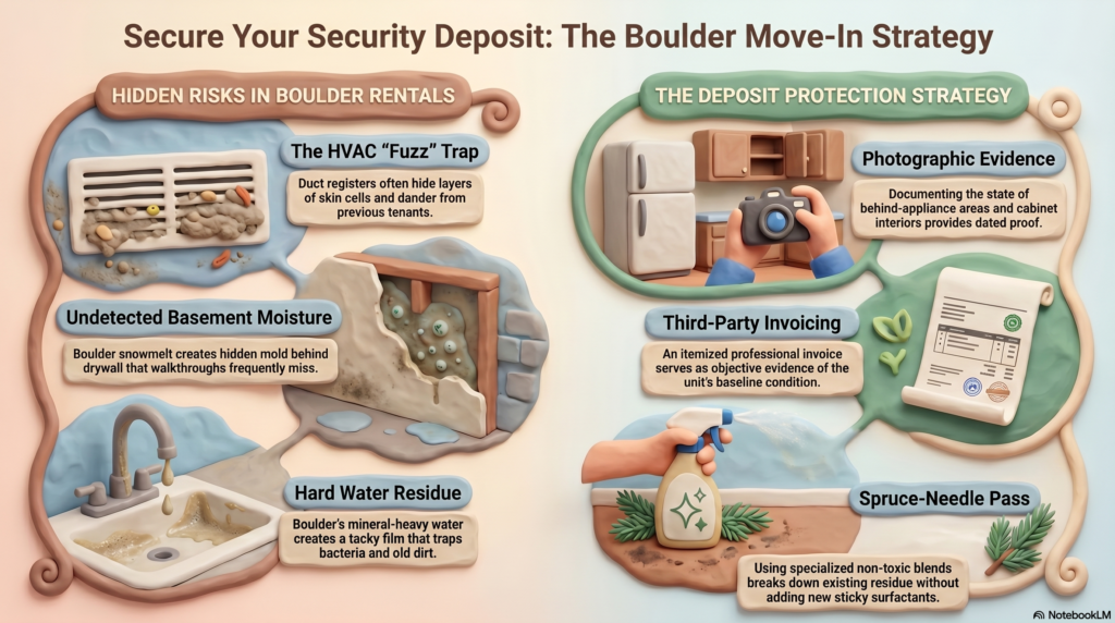 A Boulder Move-In Clean That Keeps Your Security Deposit Safe 1 Infographic on securing rental security deposits in Boulder CO by Bella's Mountain Vacation Cleaning, featuring deep clean tips like HVAC dander removal, mold detection, and eco-friendly spruce-needle residue breakdown.