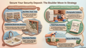 Infographic on securing rental security deposits in Boulder CO by Bella's Mountain Vacation Cleaning, featuring deep clean tips like HVAC dander removal, mold detection, and eco-friendly spruce-needle residue breakdown.